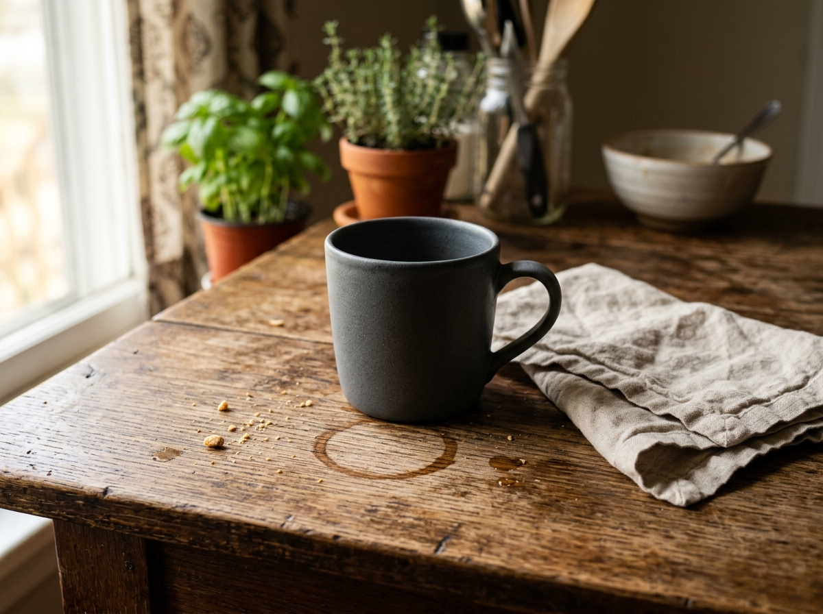 A ceramic mug on a worn oak table with crumbs and a coffee ring in morning window light.