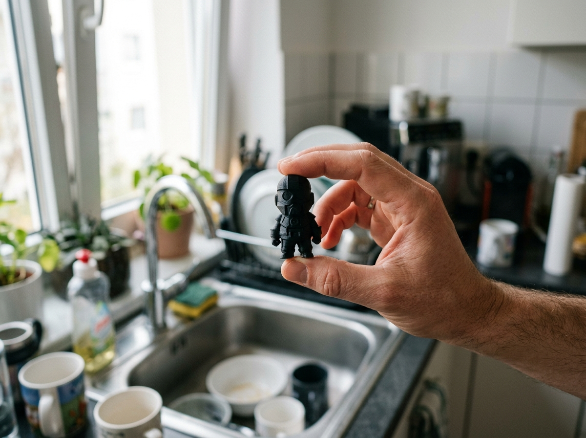A hand holding a small matte-black figurine in a cluttered kitchen.